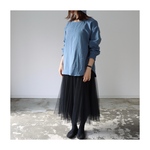 ふわふわ厚みが2倍！厚手ダブルガーゼブラウス／シャーリング袖のシンプルなブラウス／ふっくら温かなダブルガーゼ／フォグブルー