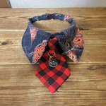 犬・猫の首輪　30～33　cocoちゃんネクタイチョーカーNEW　バンダナデニム柄・赤チェック柄ネクタイ・スマイル