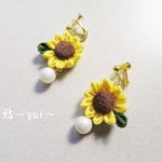 つまみ細工＊ひまわりのイヤリング(コットンパール)＊ピアスにも