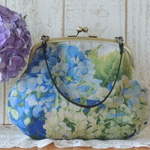再販☆フランスリネン『紫陽花』青 2way がま口バッグ