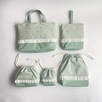 入園入学単品〜買い足しに便利！毎年人気レースフラワーXグリーンXフリル(レッスンバッグ／上履き入れ／お着替え袋／弁当袋／コップ袋／巾着／入学セット／入園セット／小花柄／保育園／幼稚園