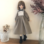 コーデュロイ　胸レースワンピース【ライトグレー　ハイネック】ドール服 リカちゃん　ブライス　受注