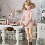 ベルスリーブニットワンピース　バイカラーピンク×シルバー　ハイネック　1/6ドール用リカちゃん服アウトフィット