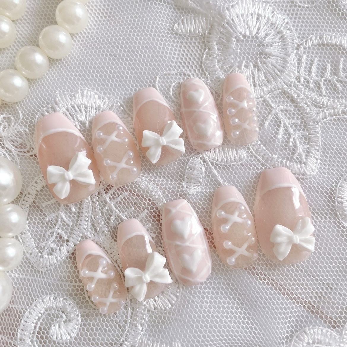 ネイルチップ ネイル フレンチガーリー バレエコア ピンク ニュアンス