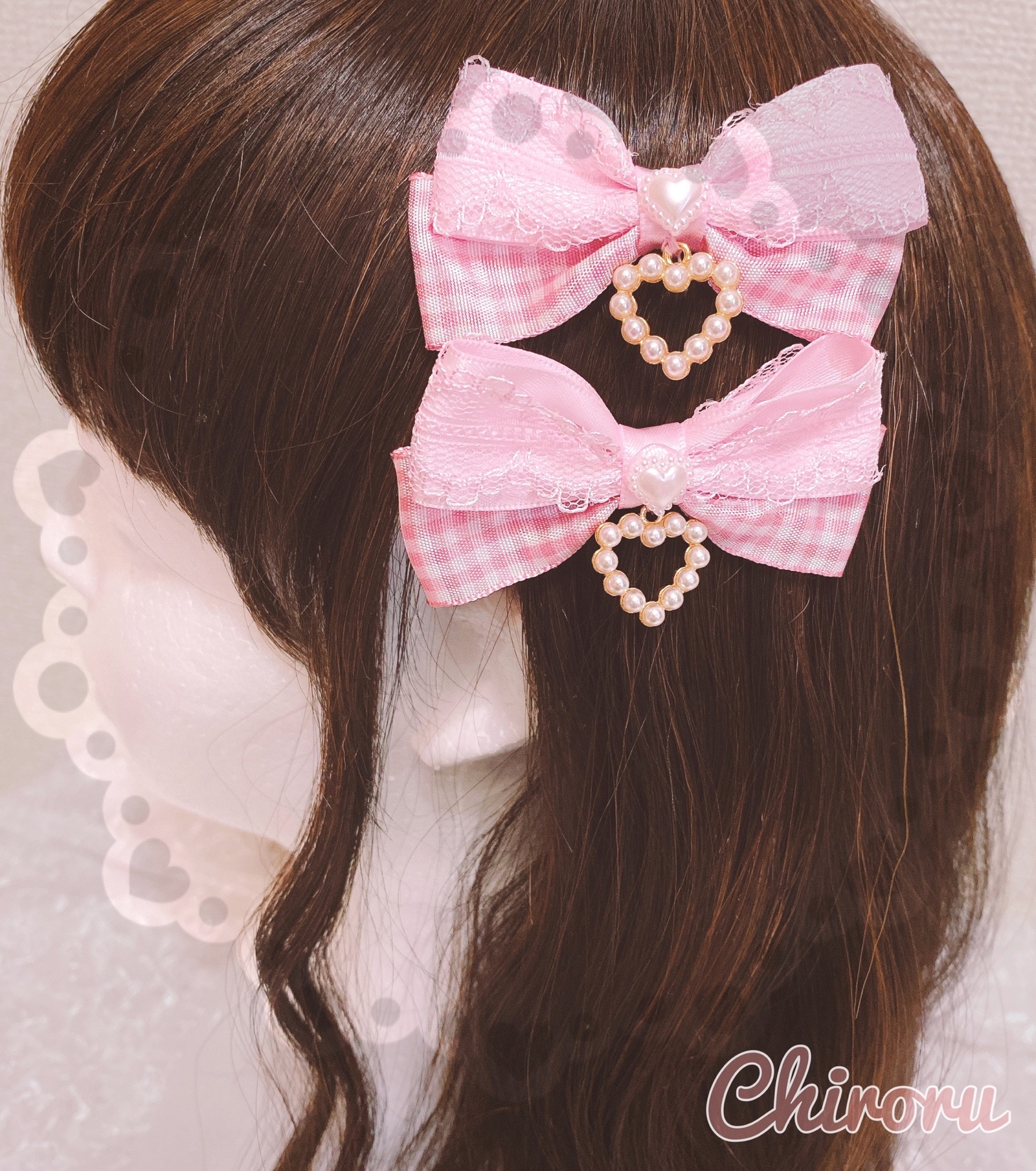 ギンガムパールハート♡ヘアクリップ(ピンク) 量産 地雷 ロリィタ