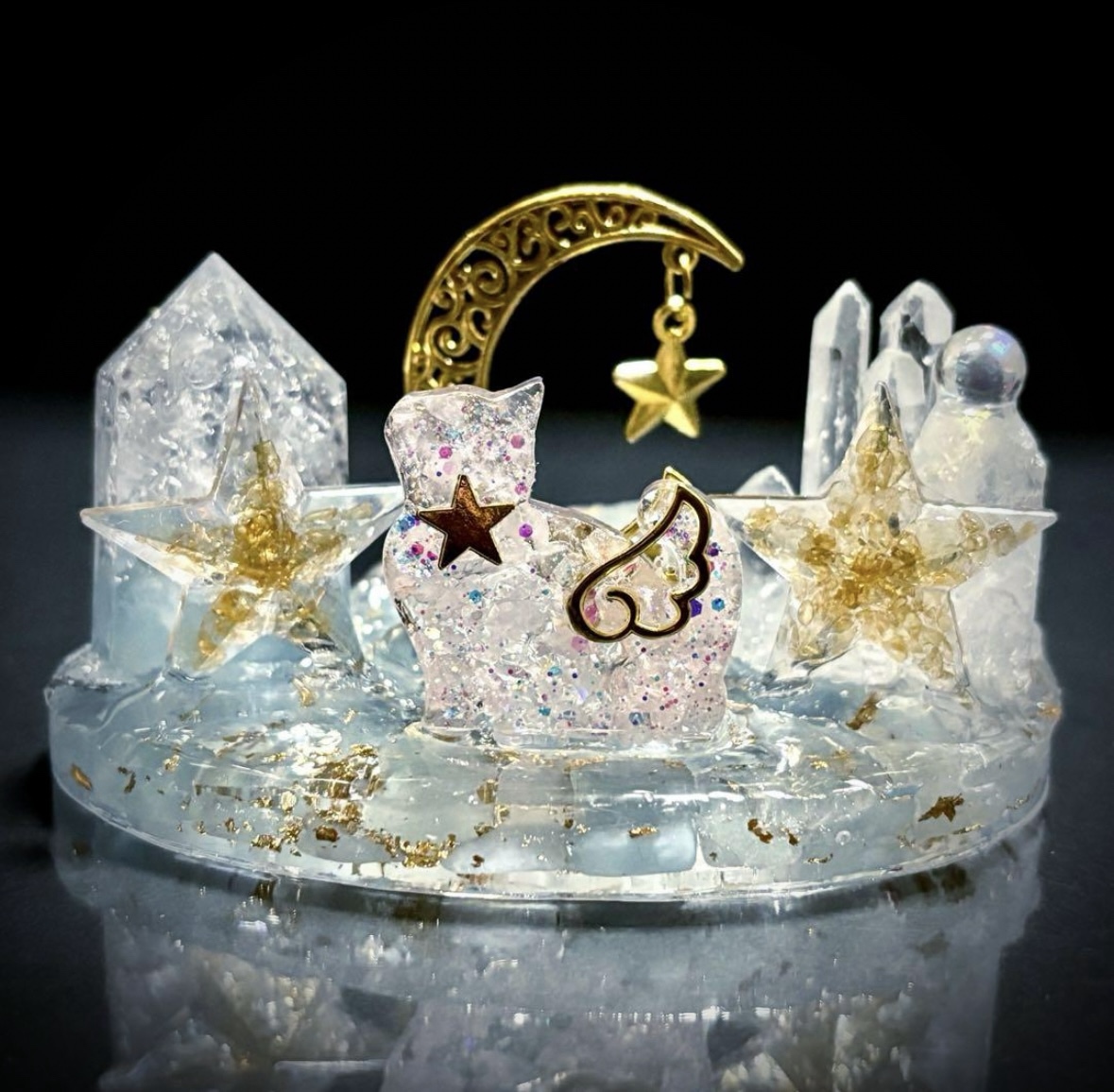 ✨星に願いを✨ネコ✨オルゴナイト✨アクアマリン✨ローズクォーツ✨シトリン✨水晶✨
