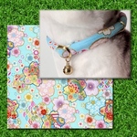 ★梅桜-水色★猫用 和柄 丸紐 首輪/ちりめん セーフティバックル 唐草模様