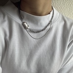 ーレイヤードシルバーバロックパールネックレスー　チェーンネックレス　サージカルステンレス　チェーンネックレス　チェーンブレスレット　バロックパール