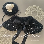 monotone tweed（パール＊ブラック） ベレー帽&tippet♡送料無料♡プレゼント♡ティペット♡ケープ♡つけ襟♡トリミング♡誕生日♡犬猫リボン♡犬猫アクセサリー♡バースデー♡撮影用小物