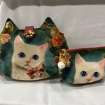 猫型バック&ポーチセット/猫柄・エレガントcatグリーン