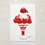 🍓透明水彩画「いちごパフェ」イラストポストカード2枚セット フルーツ 苺　イチゴ　春　スイーツ　キッチン小物　カフェ　誕生日　バースデーカード　母の日　父の日