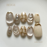 ネイルチップ  ベージュ ニュアンス ぷっくり ゴールド チェック ハート 夏 秋