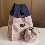 ＊エコバッグと巾着のセット＊ 布エコバッグ　小さめ＊【マチ15㎝】　しじみ巾着ミニサイズ   サークルフラワー くすみピンク 北欧花柄