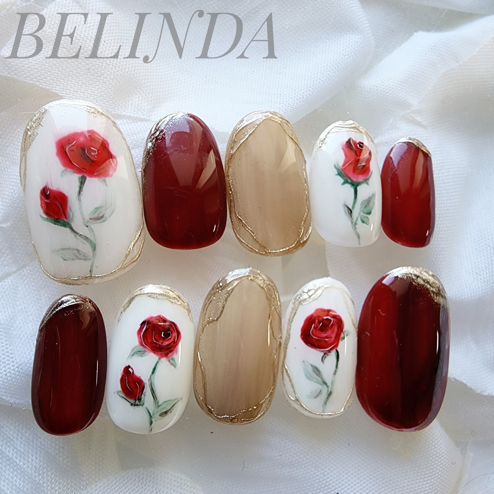 アンティーク 薔薇 バラ ニュアンス 花柄 ネイルチップ ボルドー 