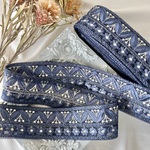 50cm  インド刺繍リボン  チュール  2連花柄  ネイビー  #mt38