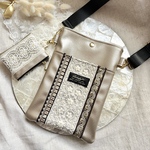 長財布も入るインド刺繍ショルダーバッグ　ミニポーチ付き　インド刺繍　シャンパンゴールド　フェイクレザー　