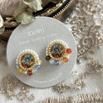 【2/6 新色発売】vintage flower button ピーズ刺繍　天然石　イヤリング/ピアス金具変更　金属アレルギー対応 (blue)