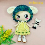 着せ替え〈2点セット〉いぬ　可愛いෆ̈(耳付きニット帽・タイトワンピース)ෆ̈yellow バイカラー　ワンピース　グリーン　ミックス　ピコット　大人可愛い🧶
