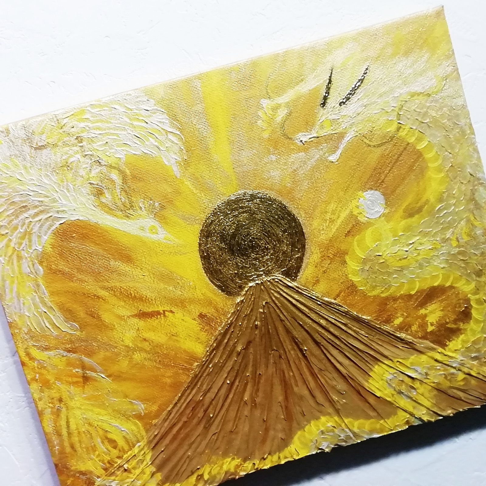 完売 風水開運黄金絵画＊金箔陽光 黄金昇龍と鳳凰日の出金富士