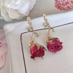 美女と野獣 赤いドライフラワー薔薇バラのロングピアス・イヤリング～花 枝葉 緑 葉 グリーン