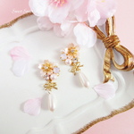 【再販】桜ビジューとしずくパール ～Baby Pink～　イヤリング/ピアス/桜/花/フラワー/ビジュー/リボン/春/揺れる