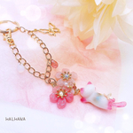 バッグチャーム【 華猫 / はなねこ  さくら 】和風 桜 梅 花 フラワー ネコ キーホルダー キーチェーン チェコガラスビーズ ドロップ 雫 蝶 HALHANA
