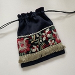 🇮🇳🇫🇷インド刺繍リボン×フランスブレード　巾着ポーチ　赤×ベージュ