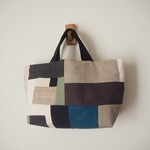 リネン・帆布・綿麻　モノトーン系　ランダムパッチ　　横長トートBAG　♪　麻　リネン　黒　白　