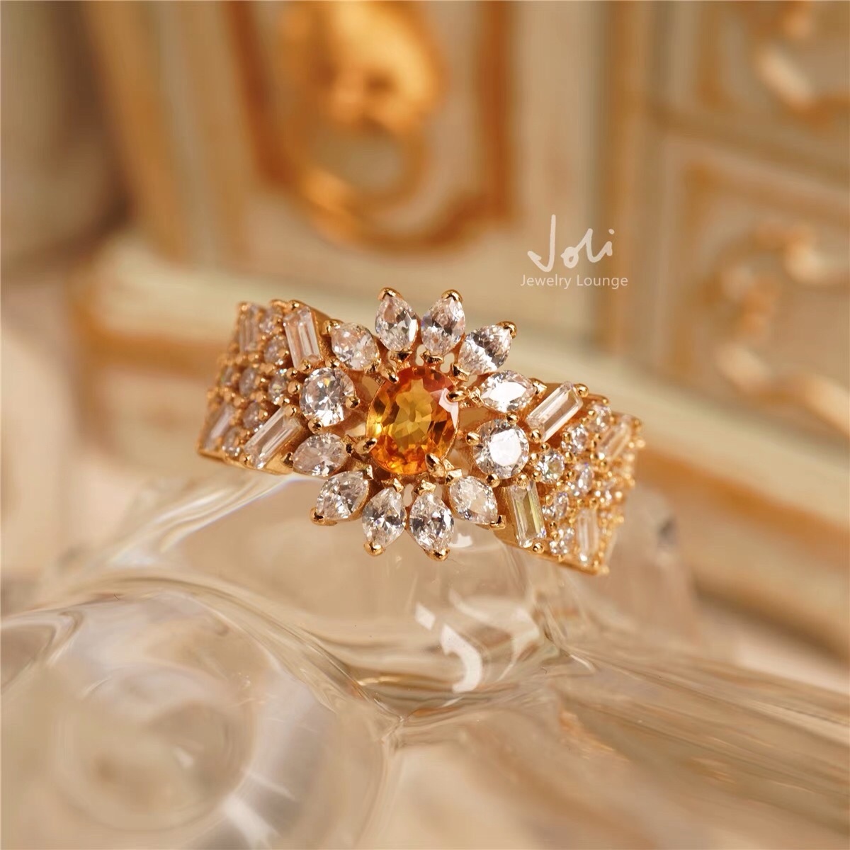 天然オレンジサファイア キラキラ リング レトロ ゴージャス 指輪 ワイドリング フラワー 花 12,264円