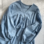 全29色/選べるカラー/受注製作オーダーメイド【大人服】さらっとふわっとマカロンやわらかハーフリネン　肩おちお袖ポワンのVネックワンピース『マカロン』　ポワン袖
