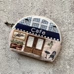 手刺繍ミニミニポーチ　Cafe  水色×ピンク