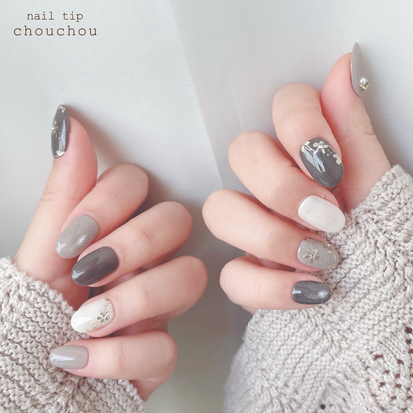 グレージュ フラワー ネイルチップ グレージュミラーフラワー ネイルチップ - nail tip chouchou