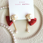 オーガンジー×ゆらゆらパールのバックキャッチピアス(ワインレッド)♡送料込み