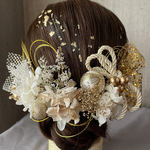 水引金箔付き♡華やかボリューム髪飾り♡ゴールド&ホワイトmixドライフラワー&リボン♡成人式　卒業式　袴　結婚式　和装　前撮り　ウェディング　和玉　ヘアピン　ヘアアクセサリー  結婚式　紐リボン