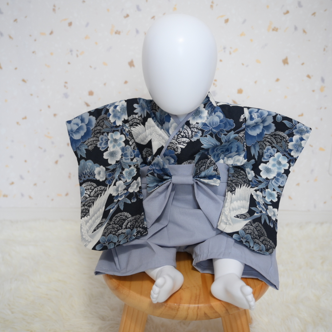 青海波に鶴ーBlueーベビー袴 袴ロンパース - foryuu | minne byGMO