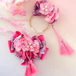 桜🌸和柄👘ペット用カチューシャ&チョーカーセット💖水色ピンク🩵🩷ひなまつり🎎お正月🎍七五三💖成人式💖卒業式💖お宮参り💖浴衣