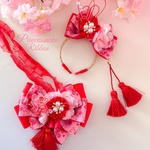 桜🌸和柄👘ペット用カチューシャ&チョーカーセット💖赤🩷ひなまつり🎎お正月🎍七五三💖成人式💖卒業式💖お宮参り💖浴衣
