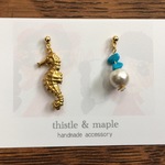 浜辺のアシンメトリーピアス☆sea horse(コットンパール&ターコイズ) summer beach pierce(sea horse)