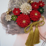 ちりめん　赤　生成　緑　抹茶　ゴールド　玉飾り　水引　つまみ細工　髪飾り　成人式　結婚式　入学式　卒業式　七五三　袴　和装　ヘアアクセサリー　Uピン　選べる　タッセル　