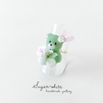 🌱🧸🐰 Teddy bear ring ✵ イースターラビットになりたい！うさ耳クマちゃんとお花と蝶の指輪  《 baby leaf 》フリーリング   くま 