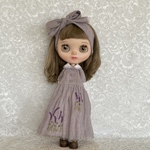 blythe outfit ラベンダー刺繍のロング丈ワンピ&ヘアリボン