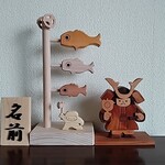 名前木札付き　木製のこいのぼりと子供大将　（木製鯉のぼり、五月人形、五月飾り、初節句、兜 