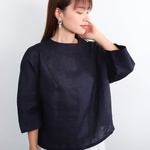 上品♪ボトルネックリネンブラウス＜長袖＞ 2サイズ　ネイビー　0381NV