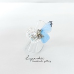 🦋Butterfly series ✵  蝶とリボンビジューとクリアオーロラワッフルハートの指輪  《 sky blue 》 フリーリング シルバーカラー