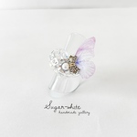 🦋Butterfly series ✵  蝶とリボンビジューとクリアオーロラワッフルハートの指輪  《 light purple 》 フリーリング シルバーカラー