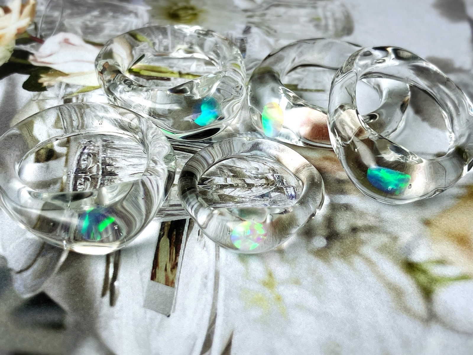6.5〜7号＊オパール×ガラスの指輪＊*mint＊オーロラのかけら - sunny