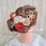 L43♡ ベルベット 椿 髪飾り ゴールド　成人式　卒業式　ウェディング　ヘアアクセサリー　水引　金箔　ヘッドドレス　かすみ草　和玉　ブライダル　ヘッドパーツ