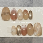 {ネイルチップ} ベージュ ×コーラルレッド ニュアンスネイル