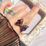  【天使のリボン】黒 紫陽花 ブラック 花 押し花 金箔 ガラスストーン ドライフラワー りぼん ゴールド フリーサイズ フォークリング