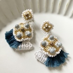 大ぶり 藍色 ビーズ刺繍 フリンジ イヤリング 